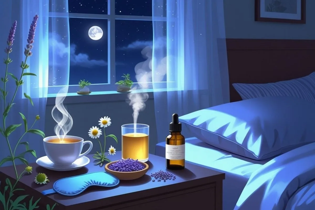 Natural Sleep Aids: Which Sleep Remedies Actually Help? Nighttime sleep setup featuring herbal tea, lavender, chamomile, and aromatherapy as natural remedies for insomnia