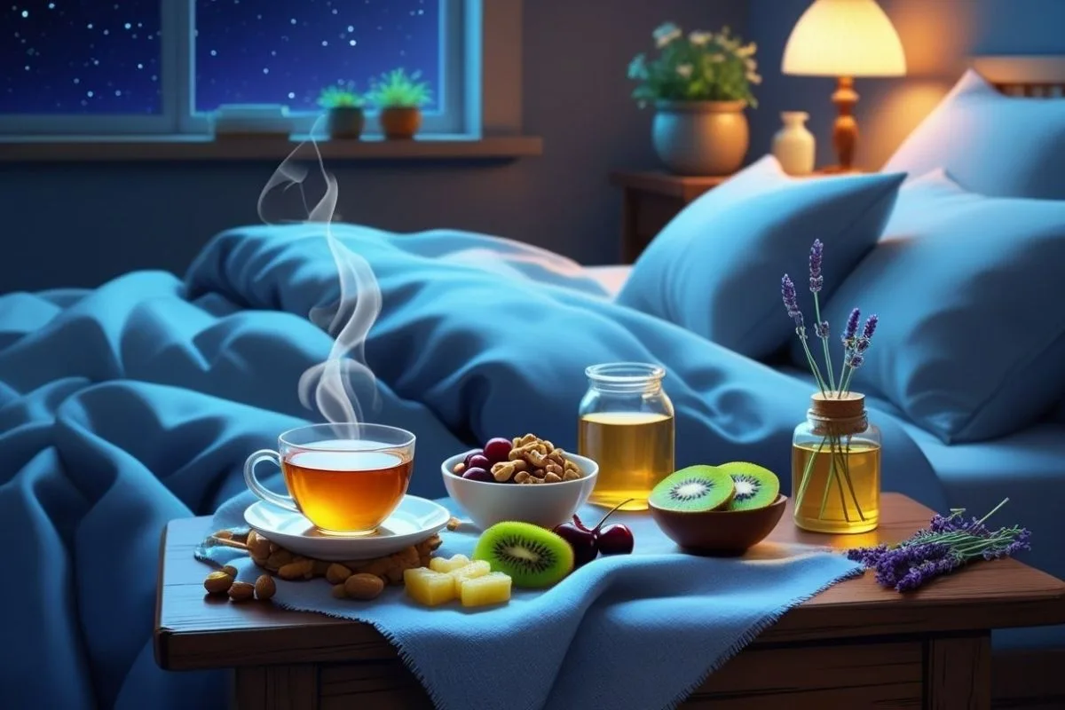 Natural Sleep Aids: Which Sleep Remedies Actually Help? Healthy bedtime snacks, herbal tea, and lavender beside a bed, highlighting natural sleep aids that may support relaxation