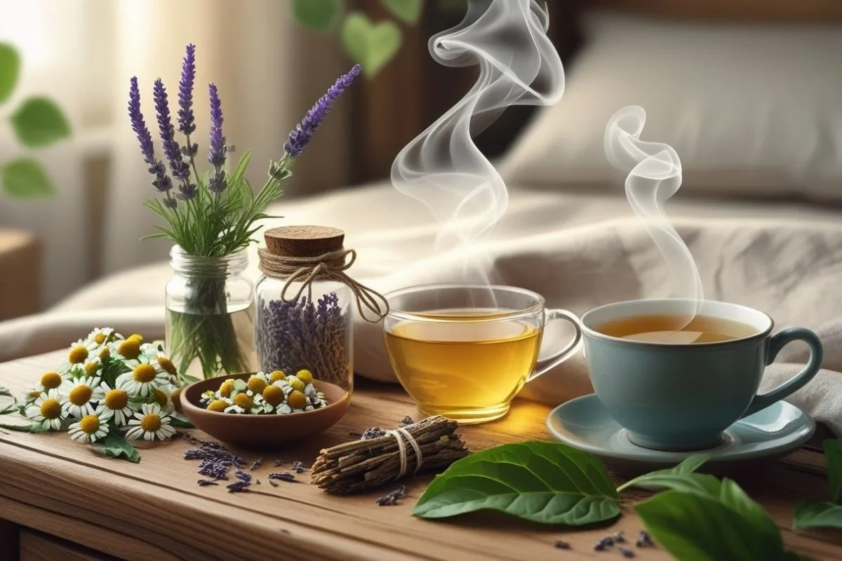 Natural Sleep Aids: Which Sleep Remedies Actually Help? Lavender, chamomile flowers, and herbal tea arranged on a table as popular natural remedies for promoting sleep