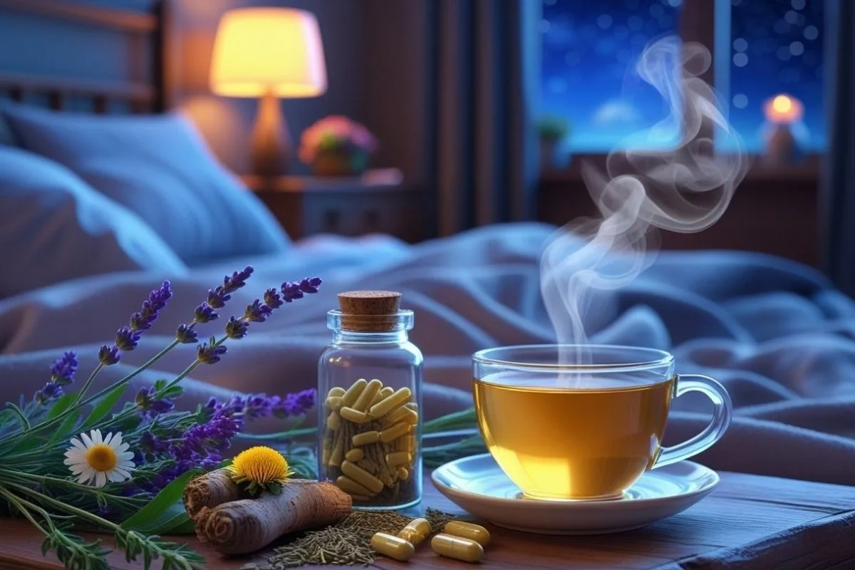 Natural Sleep Aids: Which Sleep Remedies Actually Help? Herbal supplements, calming tea, and lavender displayed in a bedroom setting as examples of natural sleep support options
