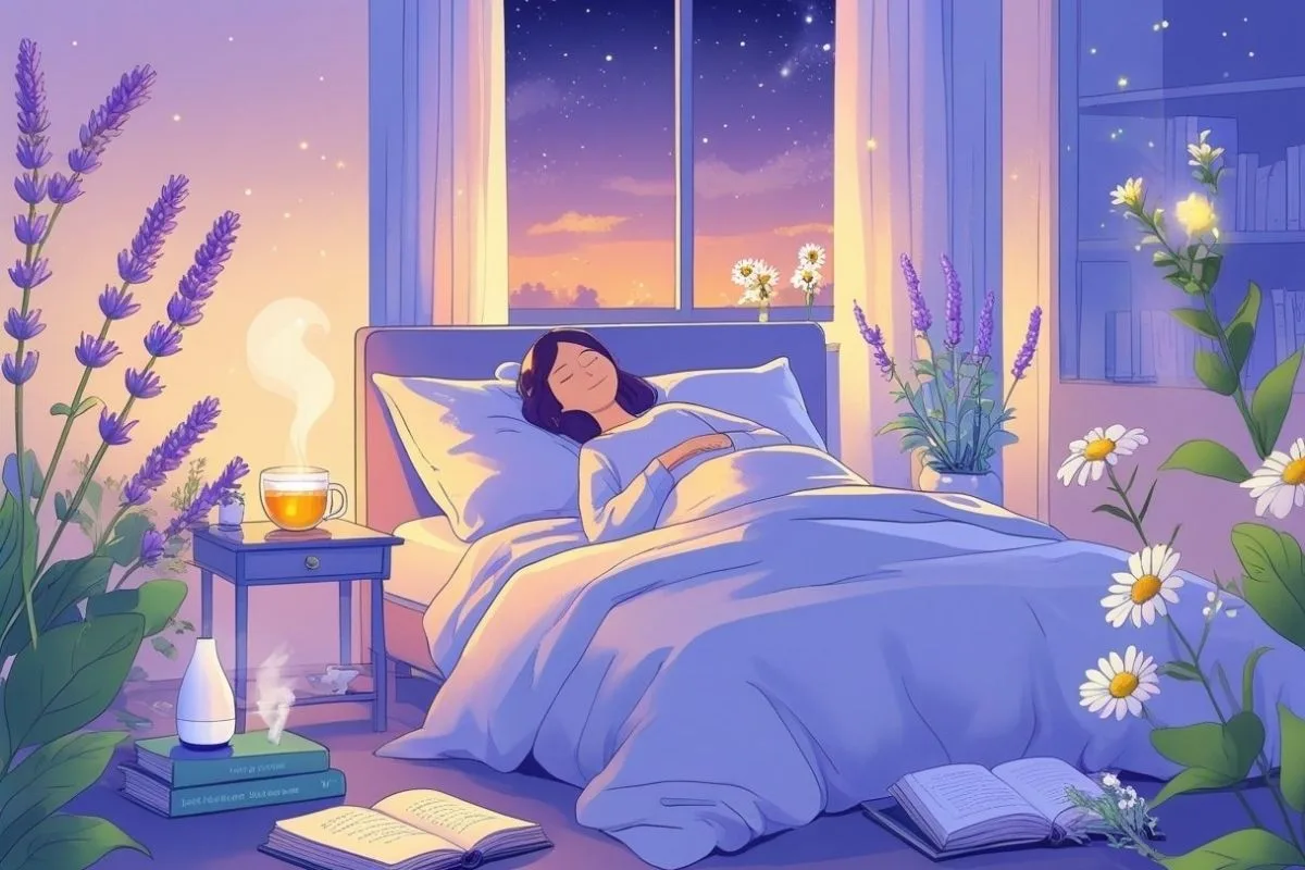 Natural Sleep Aids: Which Sleep Remedies Actually Help? Relaxing bedroom with aromatherapy, herbal tea, and calming plants demonstrating a natural bedtime routine for better sleep