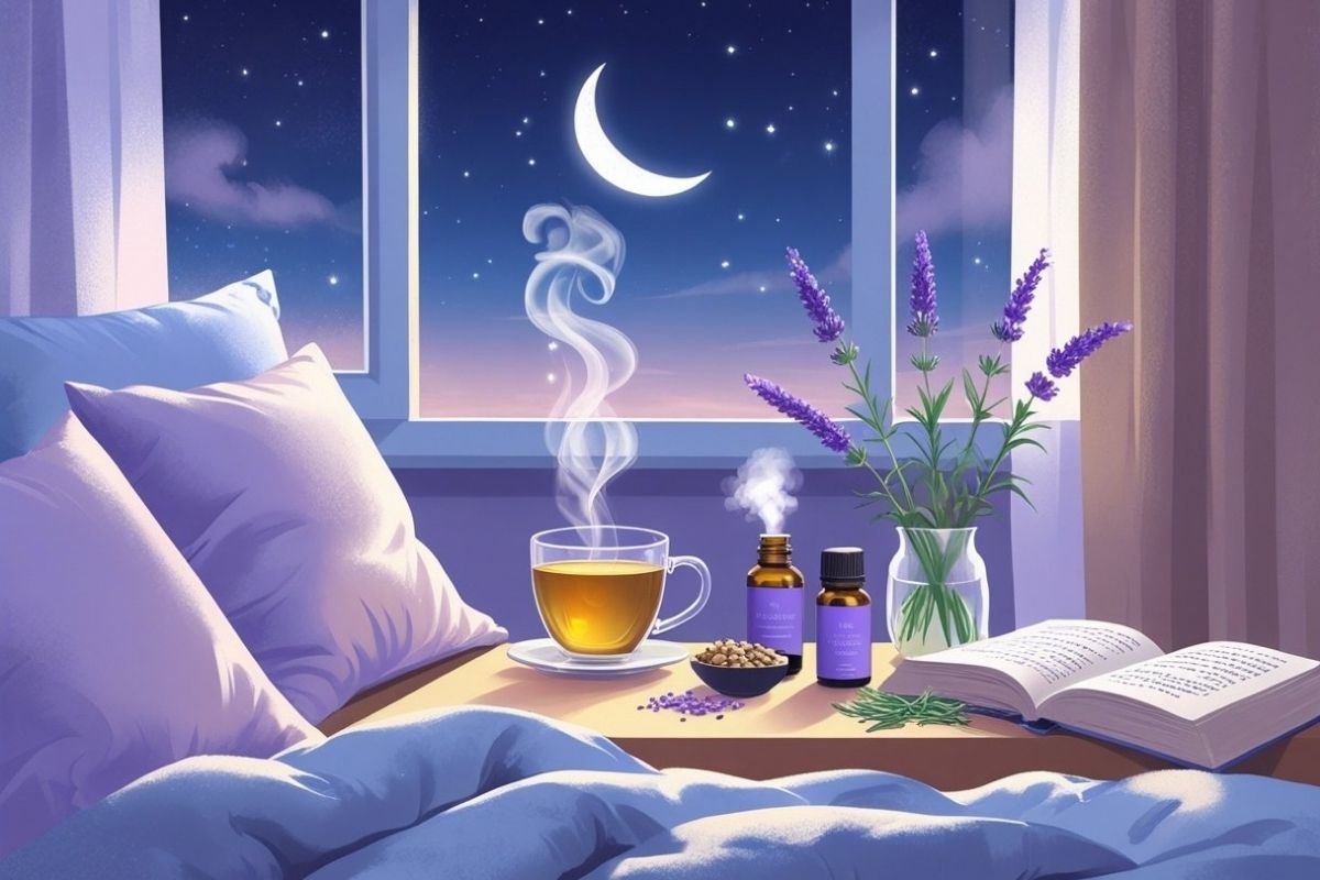 Bedside table with herbal tea, lavender, essential oils, and a book illustrating natural sleep aids for better rest