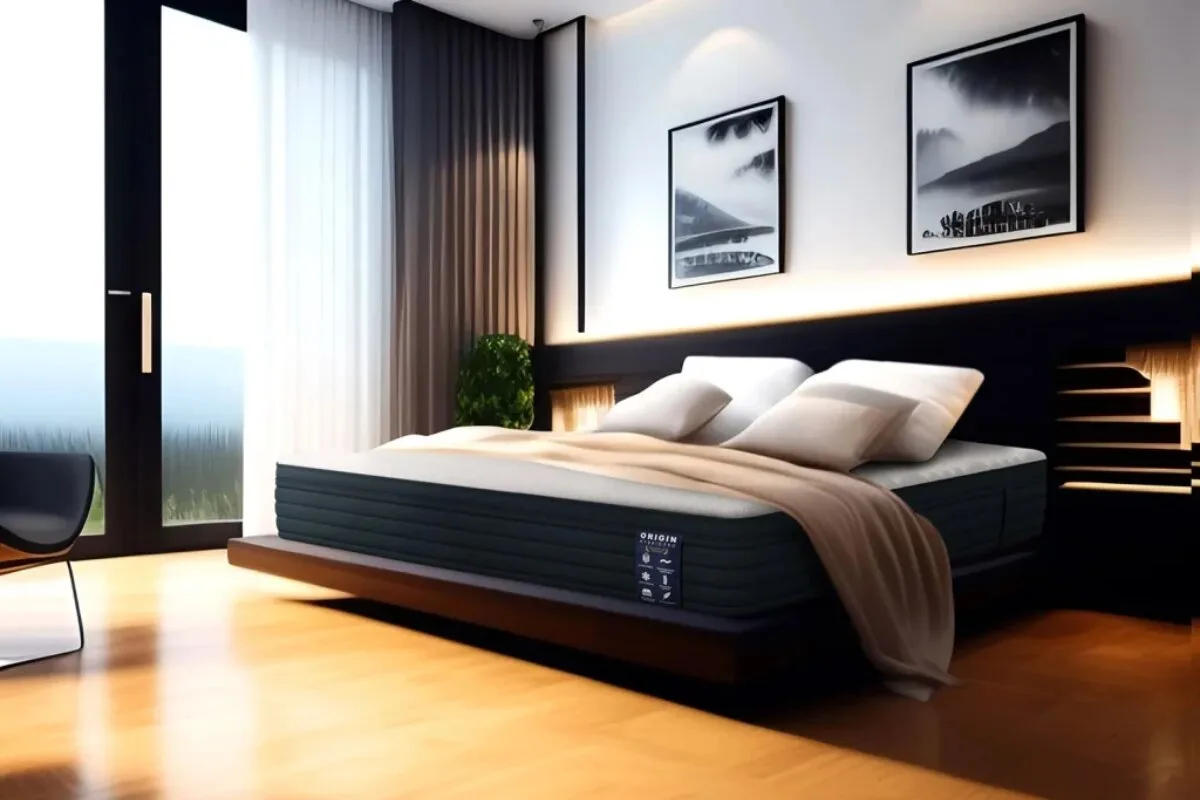 The Origin Hybrid Pro Mattress in a well lit room with 2 portraits above it.