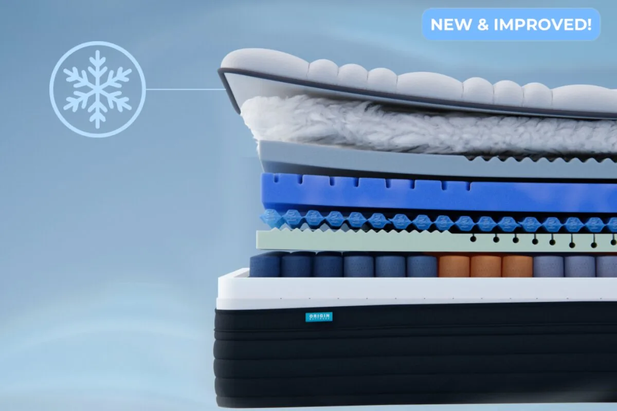 Layers of the Origin Hybrid Pro mattress with a new and improved tag.
