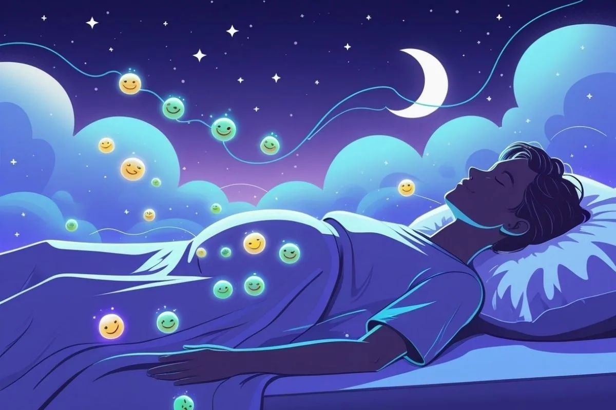 Probiotics and Sleep: Does It Really Help With Sleep? Person sleeping under a starry night sky with friendly gut microbes surrounding the body, symbolizing the gut-brain connection and its impact on sleep