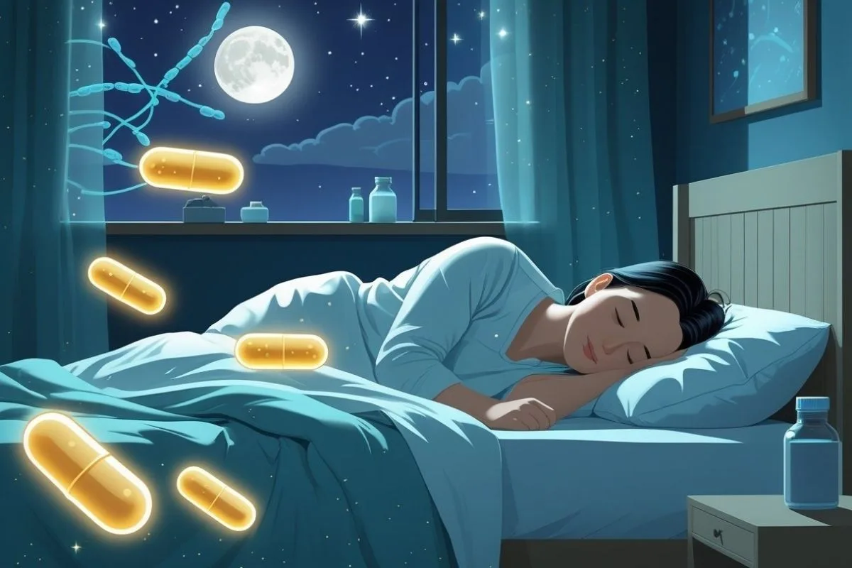 Probiotics and Sleep: Does It Really Help With Sleep? Sleeping woman with glowing probiotic capsules floating nearby, illustrating how probiotic supplements may support relaxation and healthy sleep patterns