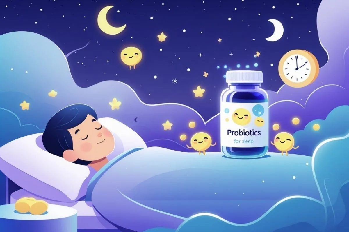 Probiotics and Sleep: Does It Really Help With Sleep? Child sleeping soundly next to a probiotic bottle in a bedtime-themed illustration, highlighting the role probiotics may play in supporting restful sleep