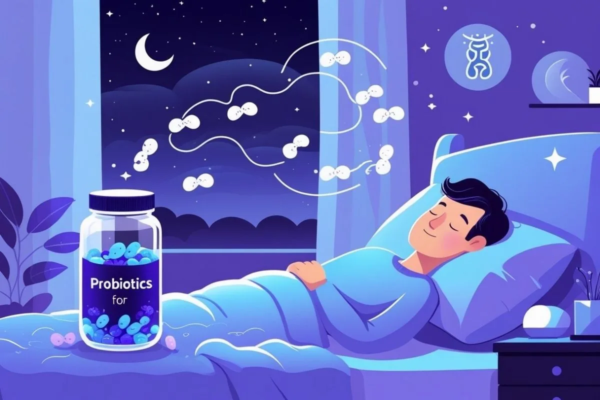 Probiotics and Sleep: Does It Really Help With Sleep? Person resting comfortably while probiotic bacteria are shown moving through the body, demonstrating how gut health may influence sleep and recovery
