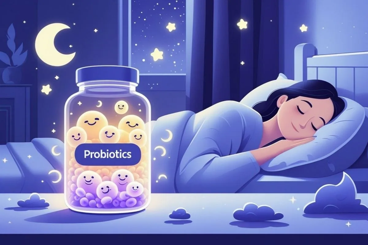 Probiotics and Sleep: Does It Really Help With Sleep? Woman sleeping peacefully beside a jar of probiotics, representing research into probiotics and their potential benefits for sleep quality