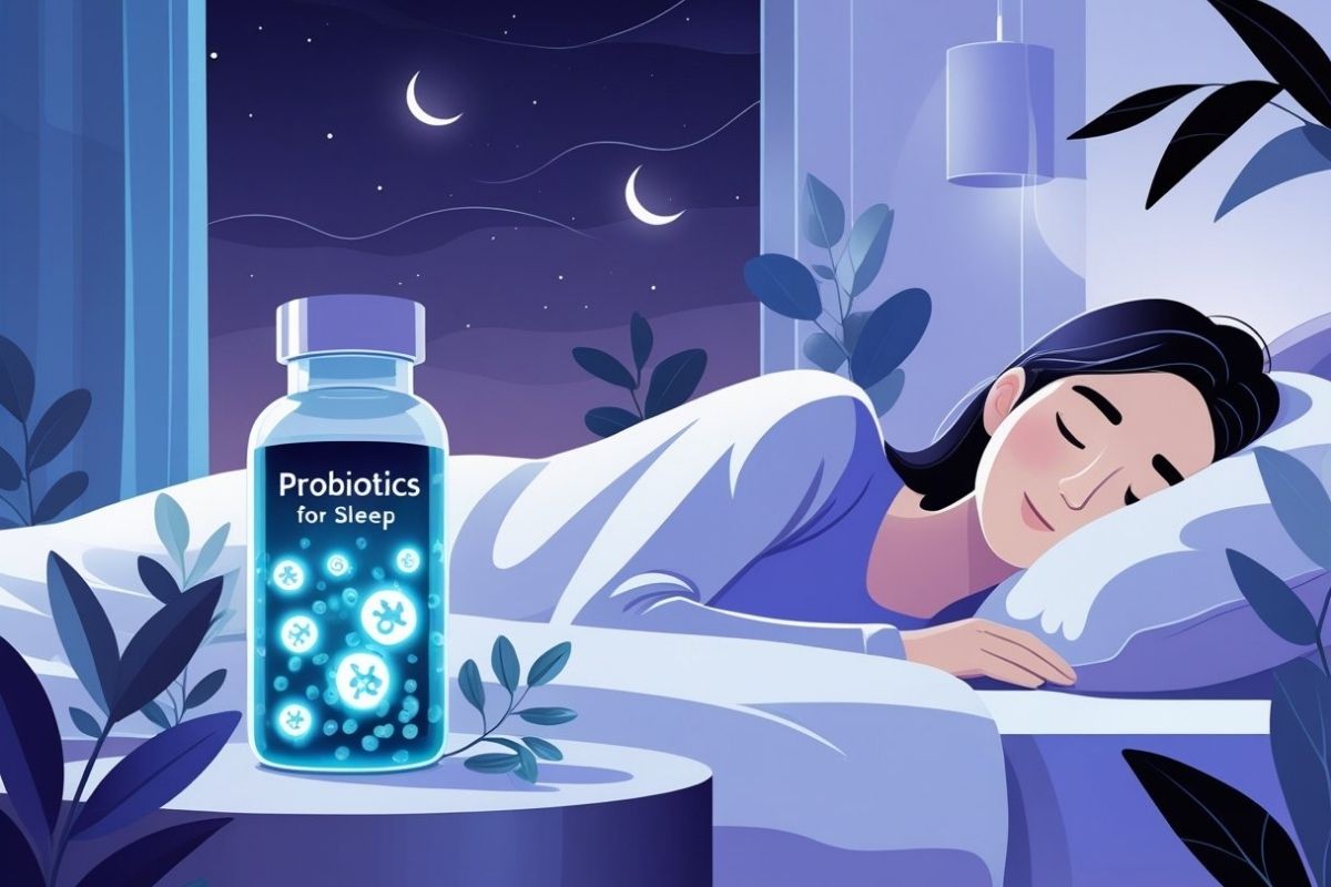 Illustration of a person sleeping peacefully beside a probiotic supplement bottle, representing the potential connection between probiotics and better sleep quality