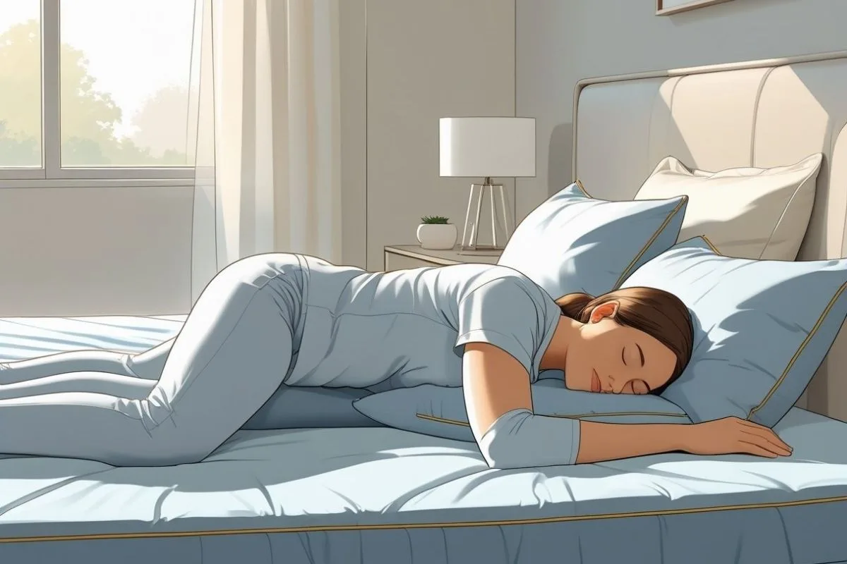 Sleeping on Your Stomach: Does it Have Any Negative Effects? Woman sleeping on her stomach with arms extended, showing a sleep posture that may place pressure on the lower back and neck