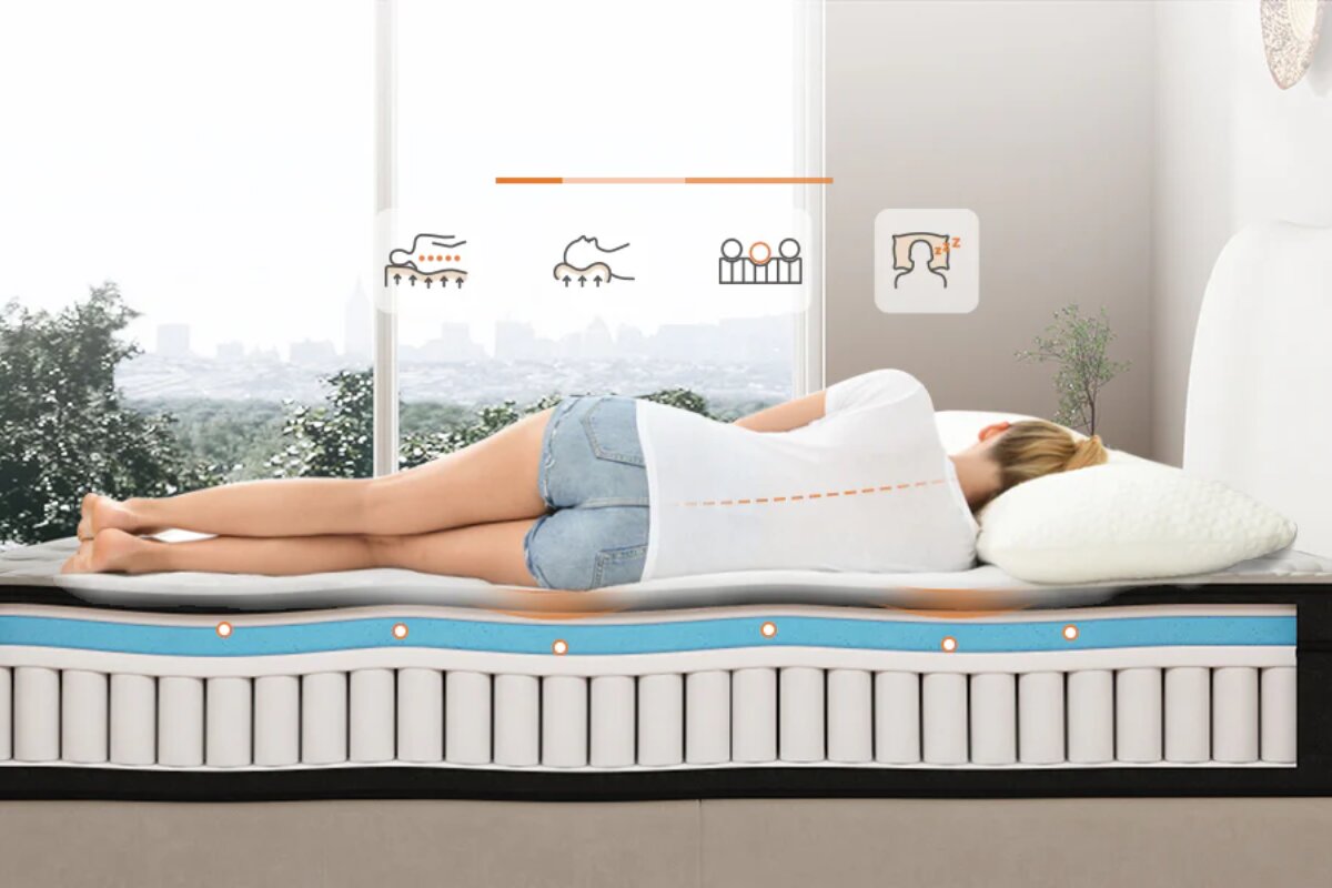 A woman sleeping on the SweetNight Twilight Hybrid Mattress with the layers exposed and diagrams displayed.