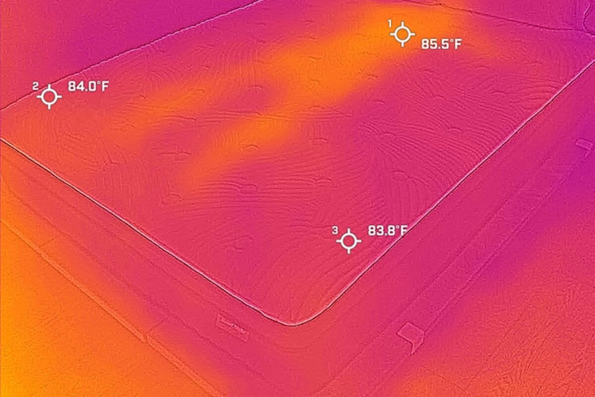 A heat image of a bed after a person has used it, barely visible.