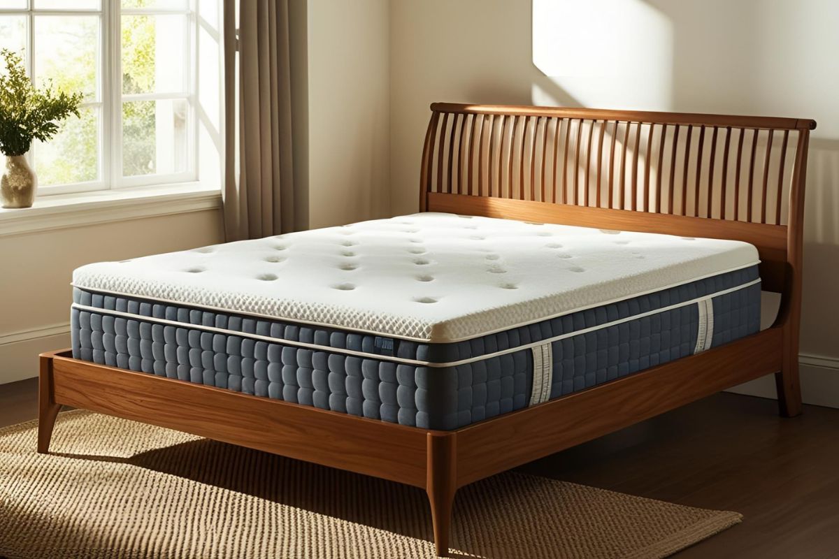 Fully expanded memory foam mattress on a wooden bed frame, showing the mattress after completing its recommended 48-hour expansion period