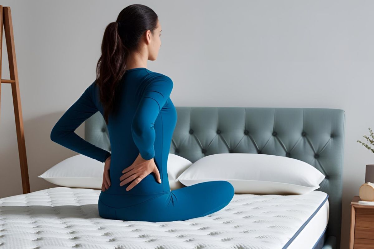 Woman sitting on a newly expanded memory foam mattress, checking support and comfort while the mattress finishes decompressing after unboxing