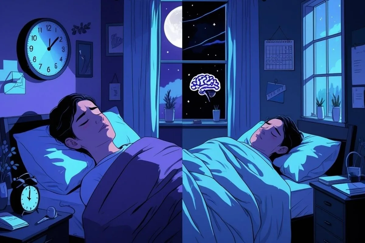 What Happens If You Stay Up All Night? Effects on Body and Mind Side-by-side illustration showing how an all-nighter can affect brain function, focus, and mental performance