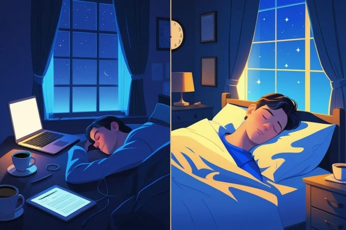 What Happens If You Stay Up All Night? Effects on Body and Mind Comparison of late-night screen use and proper sleep habits, demonstrating the benefits of adequate rest after sleep deprivation