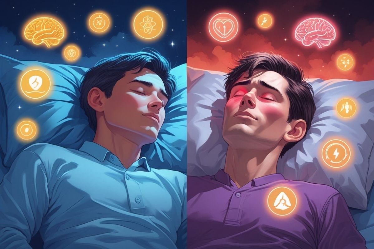 Comparison of a well-rested sleeper and a sleep-deprived individual highlighting the mental and physical effects of staying up all night