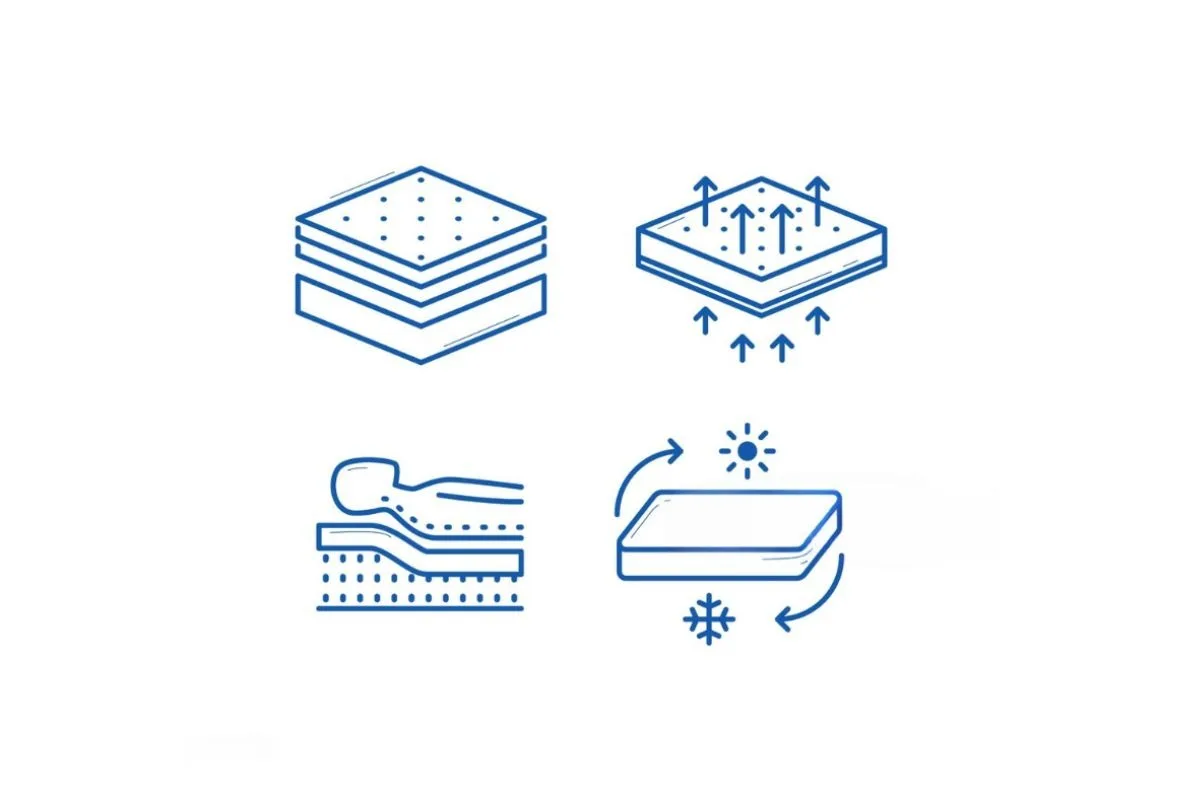 Illustration showing key gel memory foam mattress features, including pressure relief, airflow, temperature regulation, and body contouring support