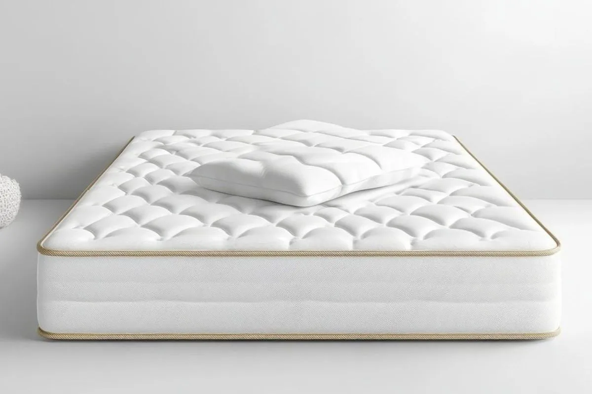What Is a Hybrid Mattress Made of? Hybrid mattress with a plush quilted surface and pillow, demonstrating the comfort layers commonly found in hybrid mattress designs