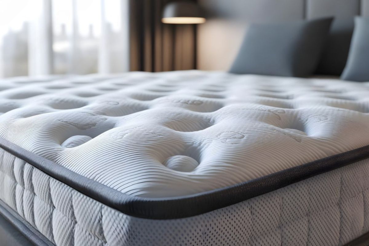 Close-up of a hybrid mattress comfort layer, highlighting the cushioned quilted top and pressure-relieving foam materials used in hybrid construction