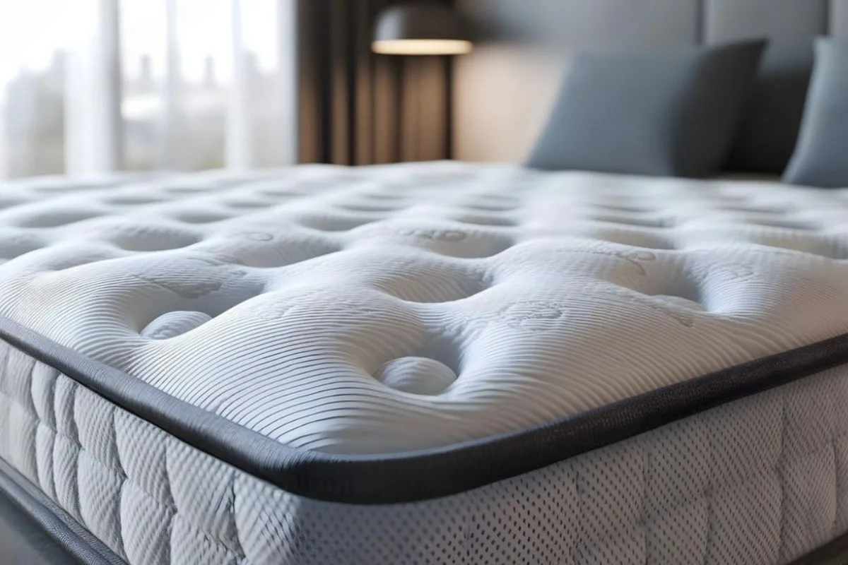 What Is a Hybrid Mattress Made of? Close-up of a hybrid mattress comfort layer, highlighting the cushioned quilted top and pressure-relieving foam materials used in hybrid construction