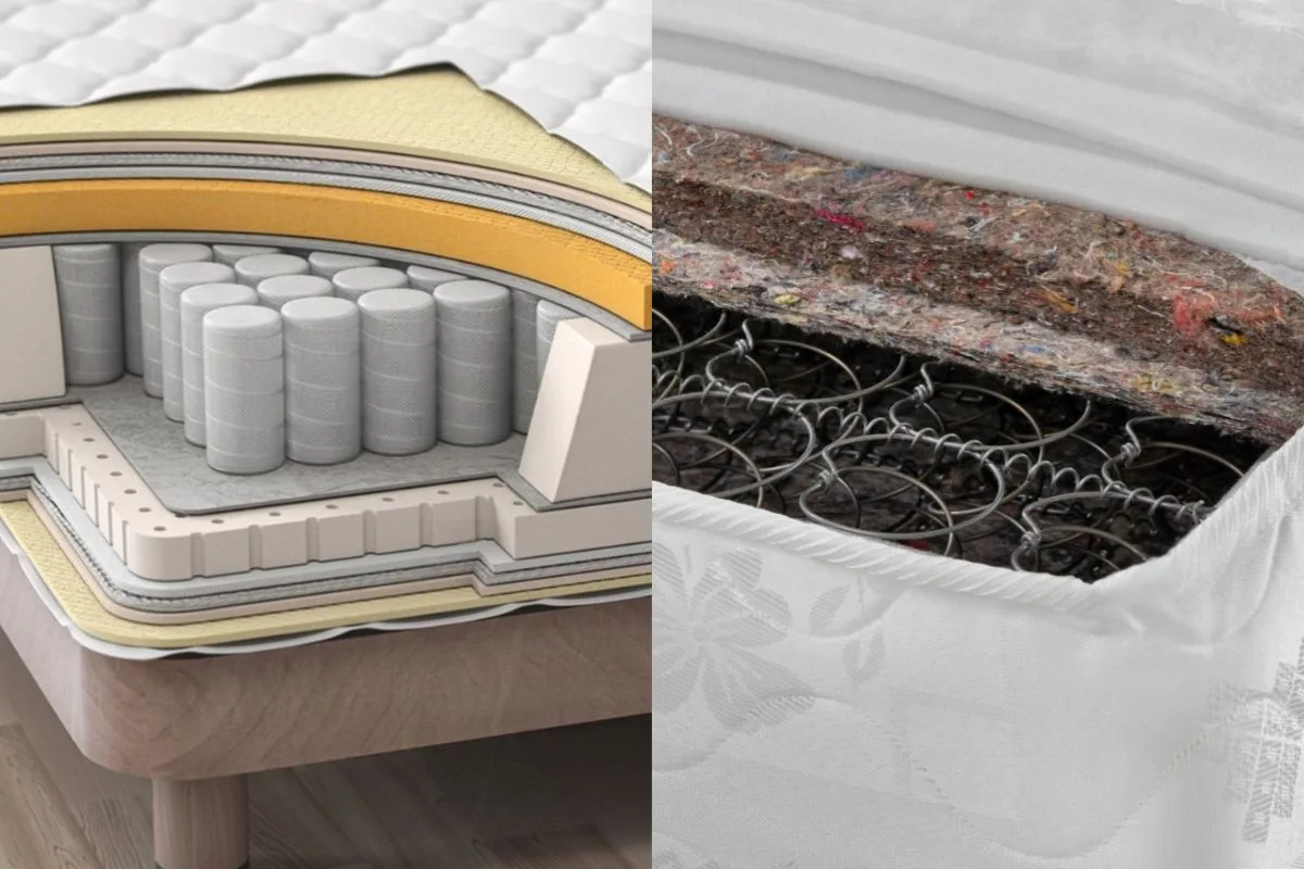 What Is an Innerspring Mattress? Comparison of innerspring mattress internal layers and coil systems, showing how steel springs provide the primary support structure.