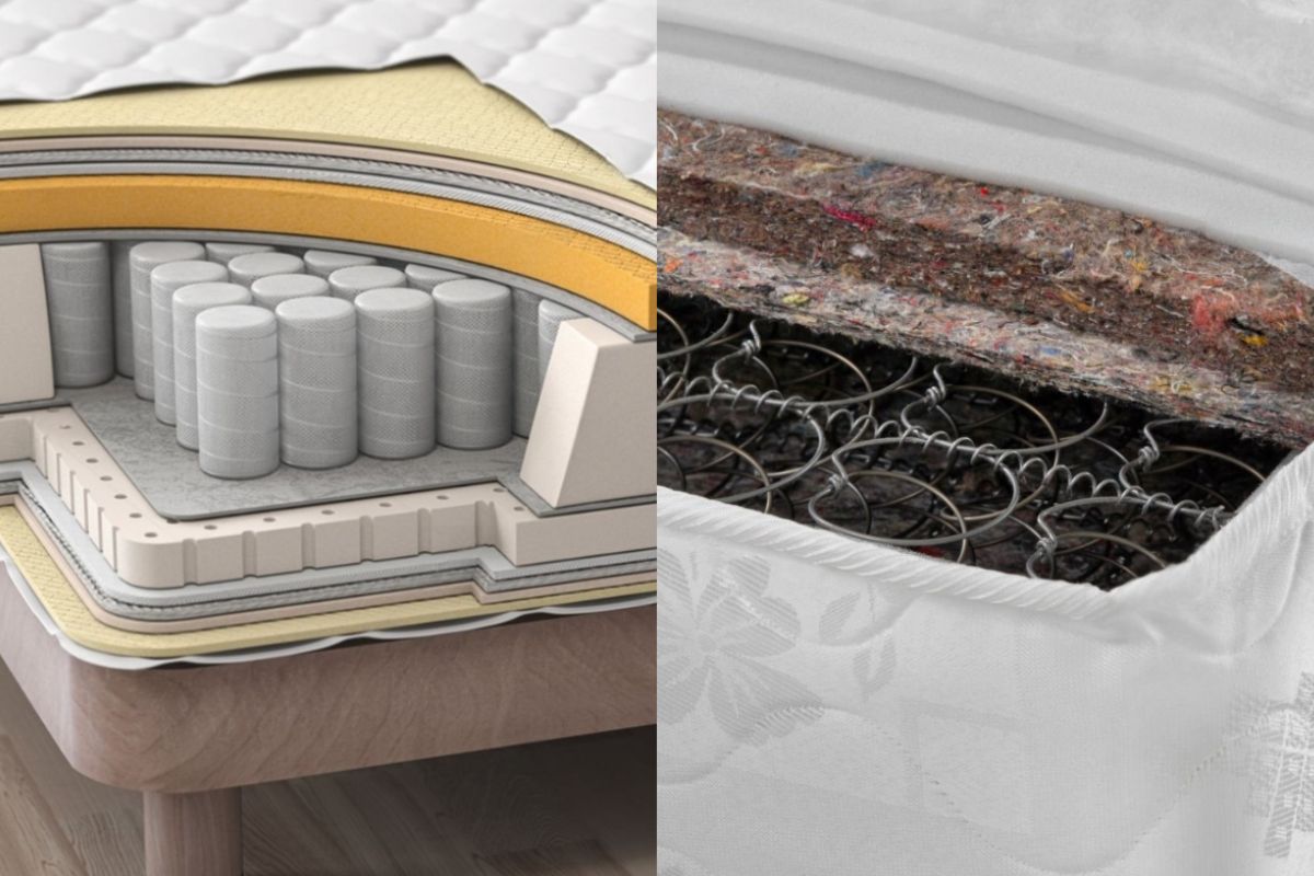 Side-by-side comparison of hybrid and innerspring mattress construction, highlighting the additional comfort layers found in hybrid mattresses