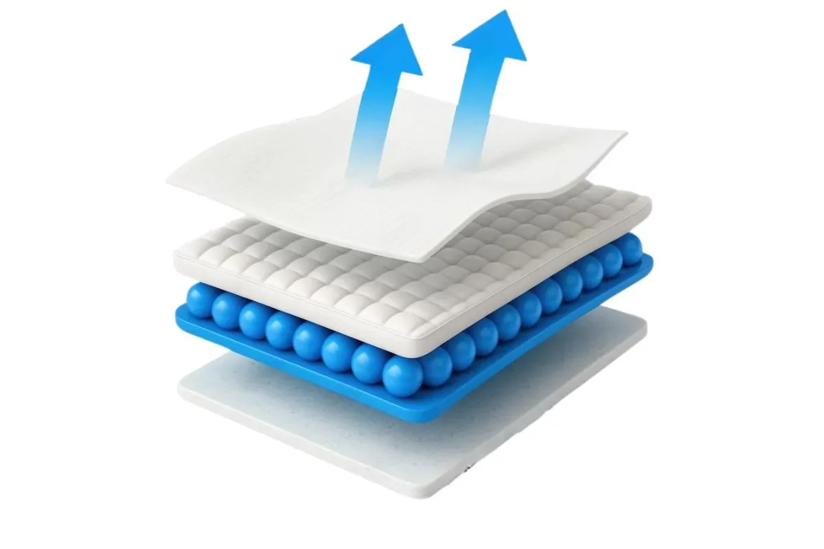 Layered mattress construction diagram with foam and support components, showing how mattress materials can affect durability over time