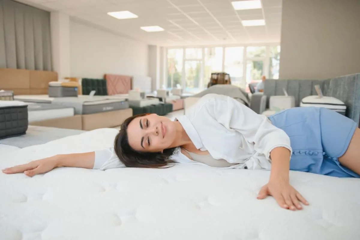 Shopper lying on a memory foam mattress in a showroom to evaluate whether the mattress thickness provides enough comfort and support.