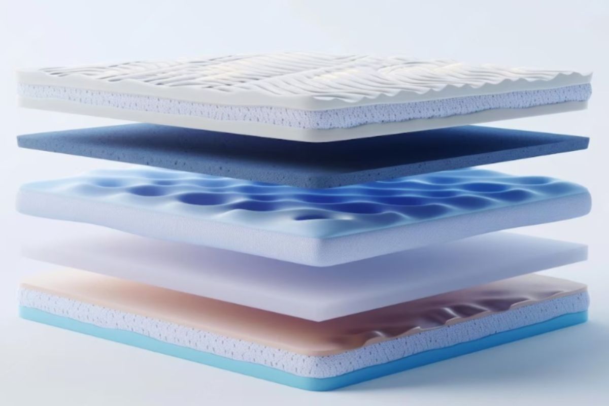 Layered memory foam mattress construction showing different foam densities and thickness levels that affect comfort, support, and pressure relief.