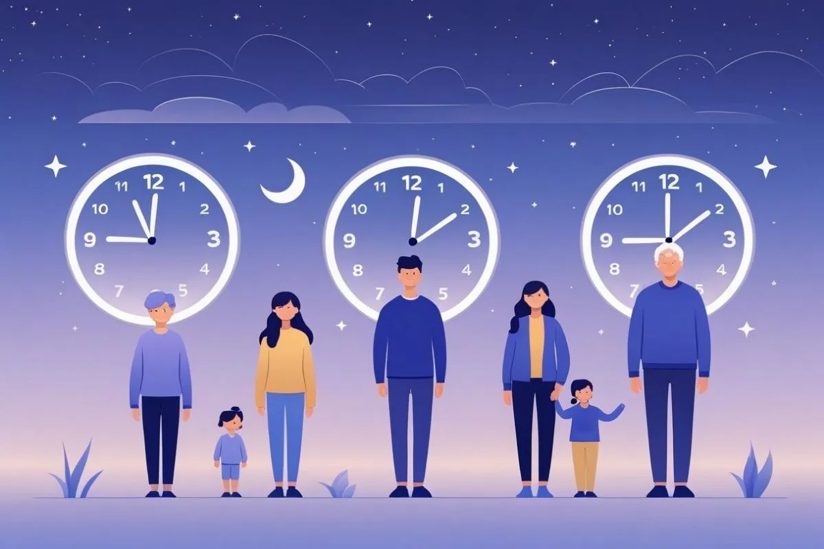 What Time Should I Go to Bed? Find Your Optimal Sleep Schedule Illustration of people of different ages with clocks, showing how ideal bedtimes and sleep needs vary throughout life stages