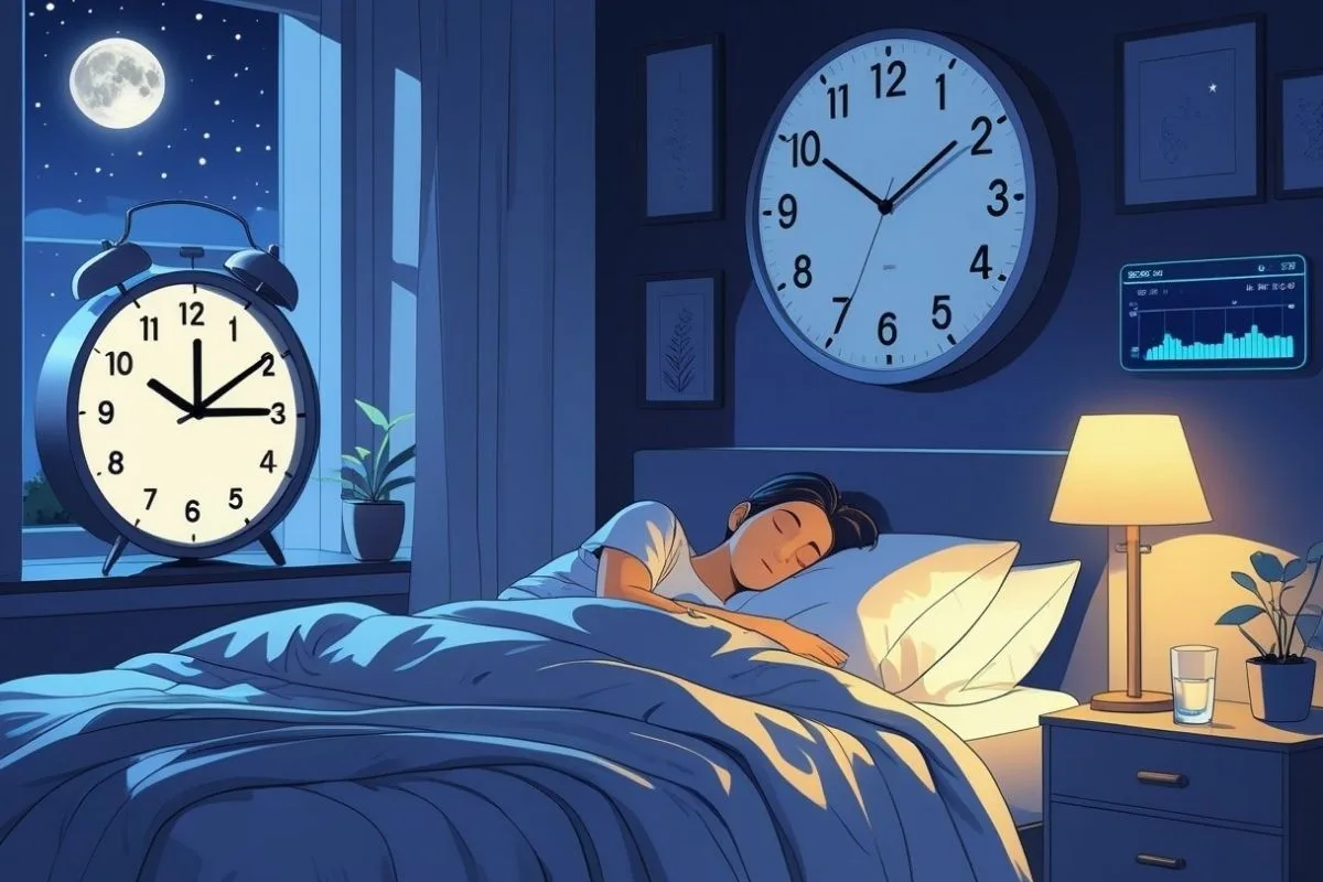 What Time Should I Go to Bed? Find Your Optimal Sleep Schedule Sleeper resting beside clocks and sleep-tracking data, representing the relationship between sleep timing and overall sleep quality