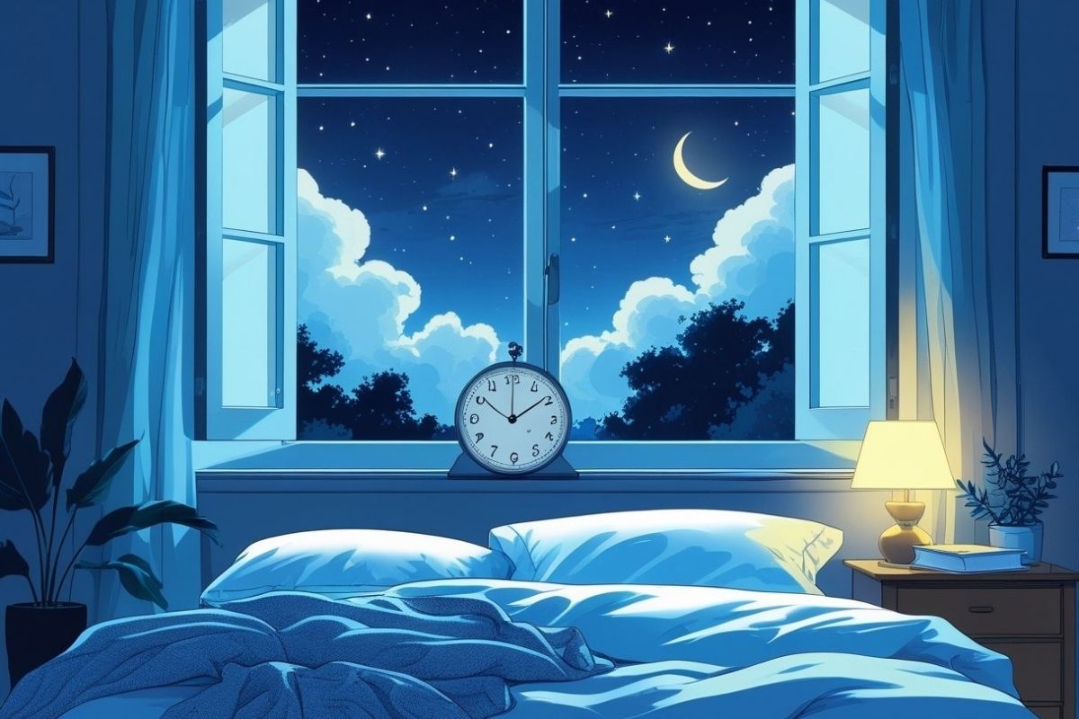 Bedroom with a clock and nighttime sky outside the window, illustrating the importance of choosing the right bedtime for healthy sleep habits