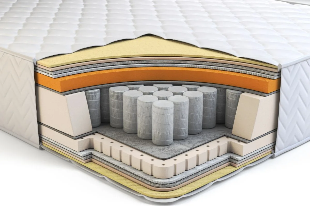 Cutaway view of a hybrid mattress showing foam layers and pocketed coils, illustrating the construction and support system of a hybrid mattress