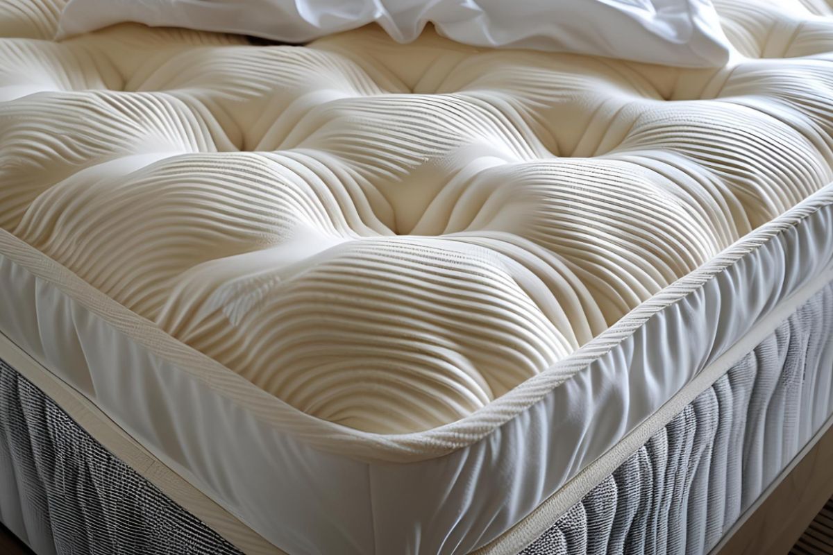 Close-up of a plush hybrid mattress surface, highlighting the comfort layers and cushioning that shoppers should evaluate before buying a hybrid mattress