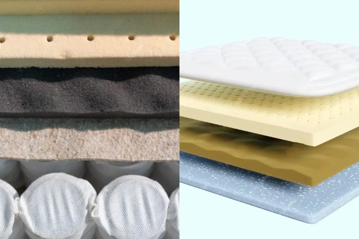 Comparison of innerspring mattress components, showing steel coil support layers and cushioning materials used in modern descendants of the original innerspring mattress