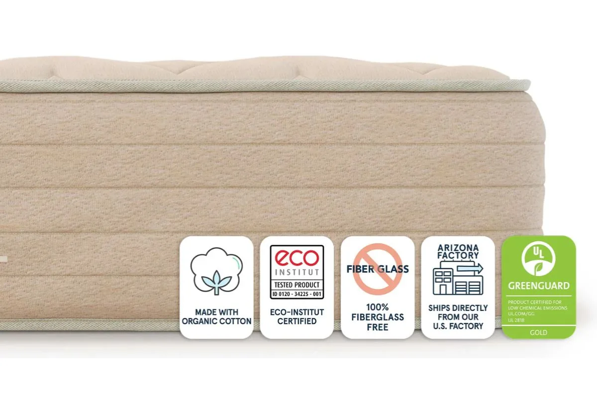Bear Natural mattress with certification and material labels displayed, emphasizing the importance of following manufacturer guidelines and product specifications to protect warranty eligibility