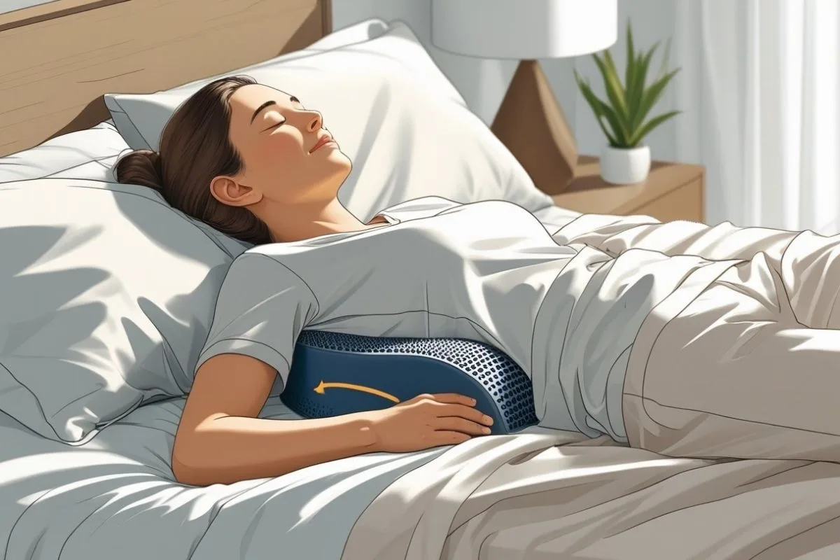 Best Position to Sleep for Back Pain: Improve Your Back Support Placing a lumbar support cushion under the lower back while lying down to improve spinal support and reduce back strain