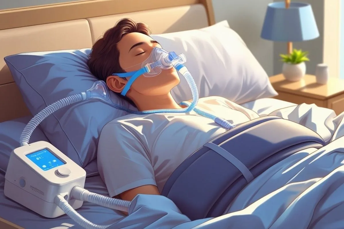 Back-sleeping CPAP user using a full-face mask, illustrating how proper positioning can support effective airflow and sleep apnea treatment