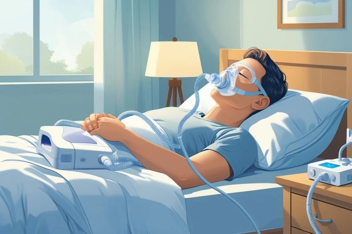 CPAP user resting with the head slightly elevated, showing a sleeping position that may improve breathing and reduce airway obstruction