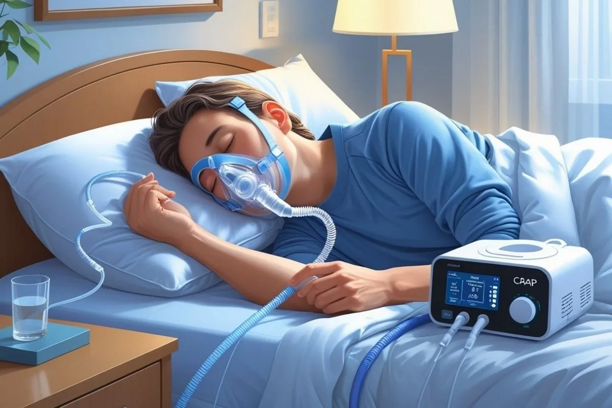 Side sleeper using a CPAP machine, highlighting one of the most recommended sleeping positions for maintaining mask stability and airway support