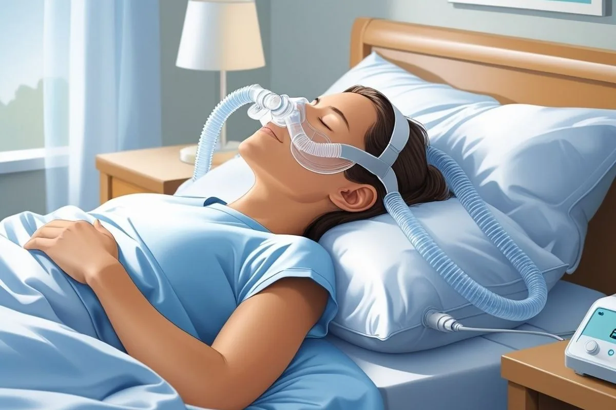 CPAP user sleeping comfortably on their back with a nasal mask, demonstrating proper CPAP setup for uninterrupted sleep therapy