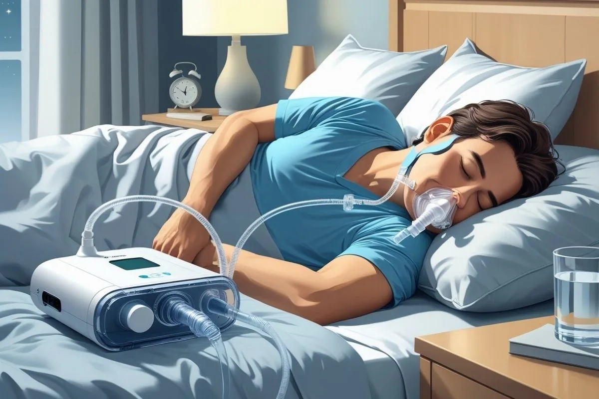 CPAP user sleeping on their side with a nasal mask, demonstrating one of the best sleeping positions for reducing mask leaks and maintaining consistent airflow during sleep apnea therapy