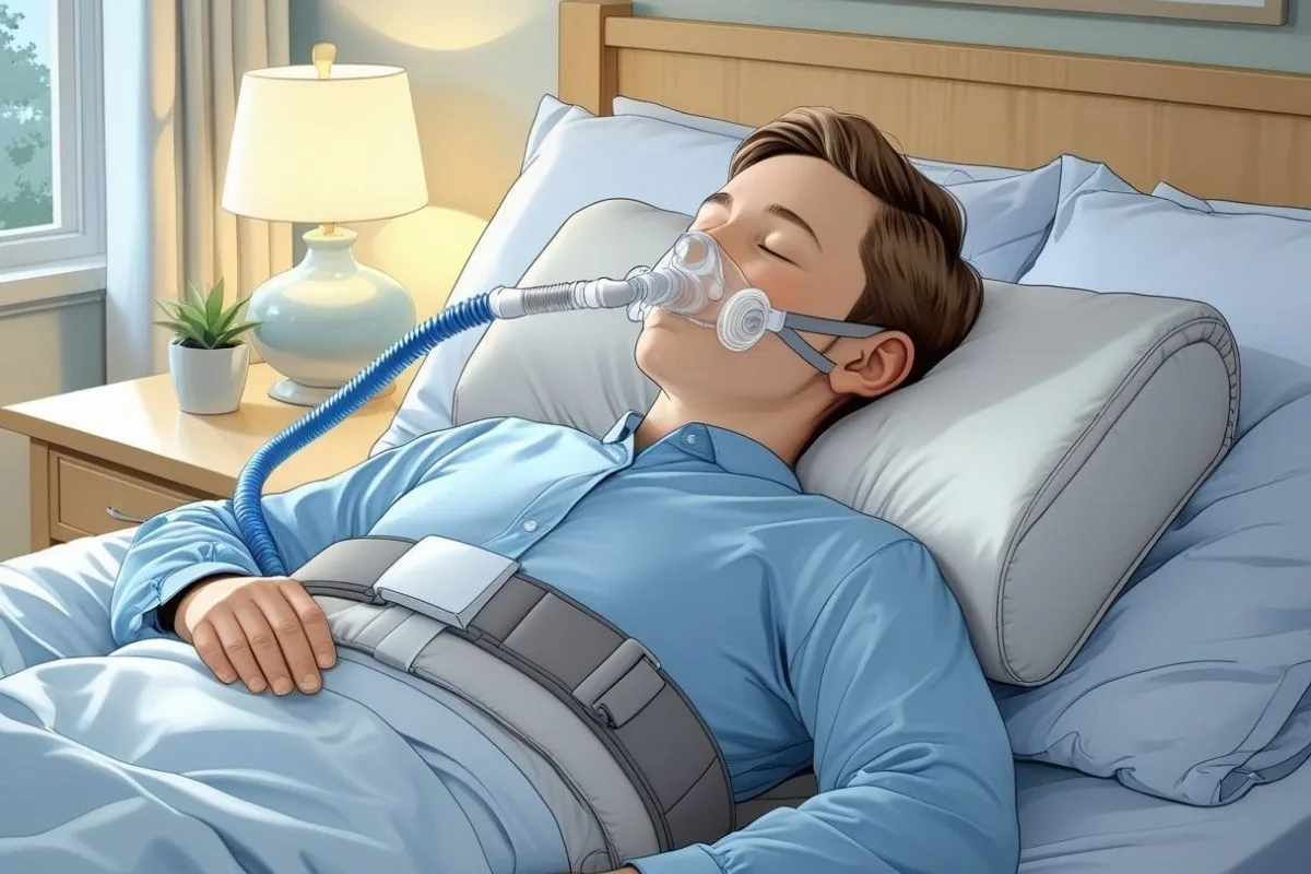 CPAP user sleeping on their back with the upper body slightly elevated, illustrating a position that can improve airflow, reduce airway collapse, and enhance CPAP therapy effectiveness for sleep apnea