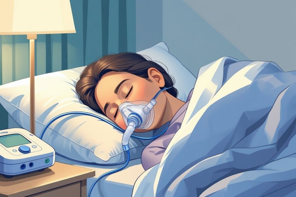 Side-sleeping CPAP user wearing a nasal mask, demonstrating a sleep position that can help reduce mask leaks and improve comfort during CPAP therapy