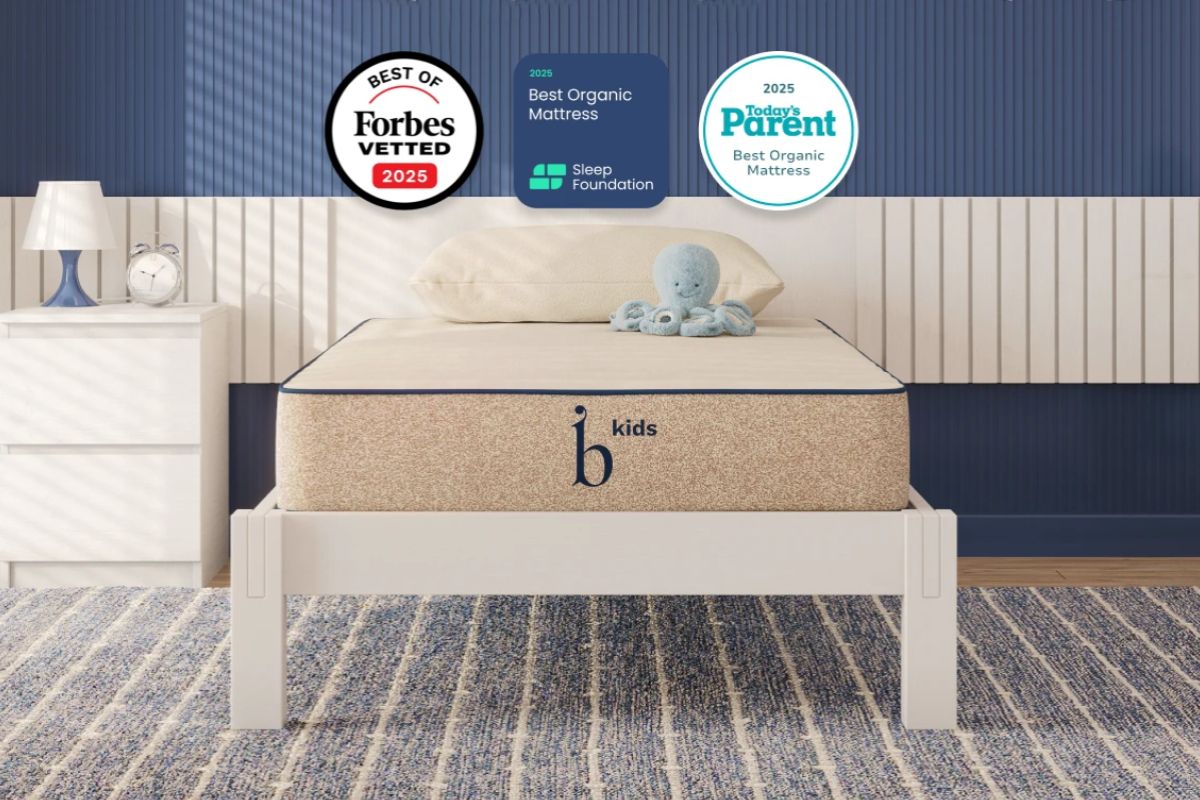 Birch Kids Natural Mattress featured with industry awards and certifications, emphasizing its reputation as a safe and trusted organic mattress for children.