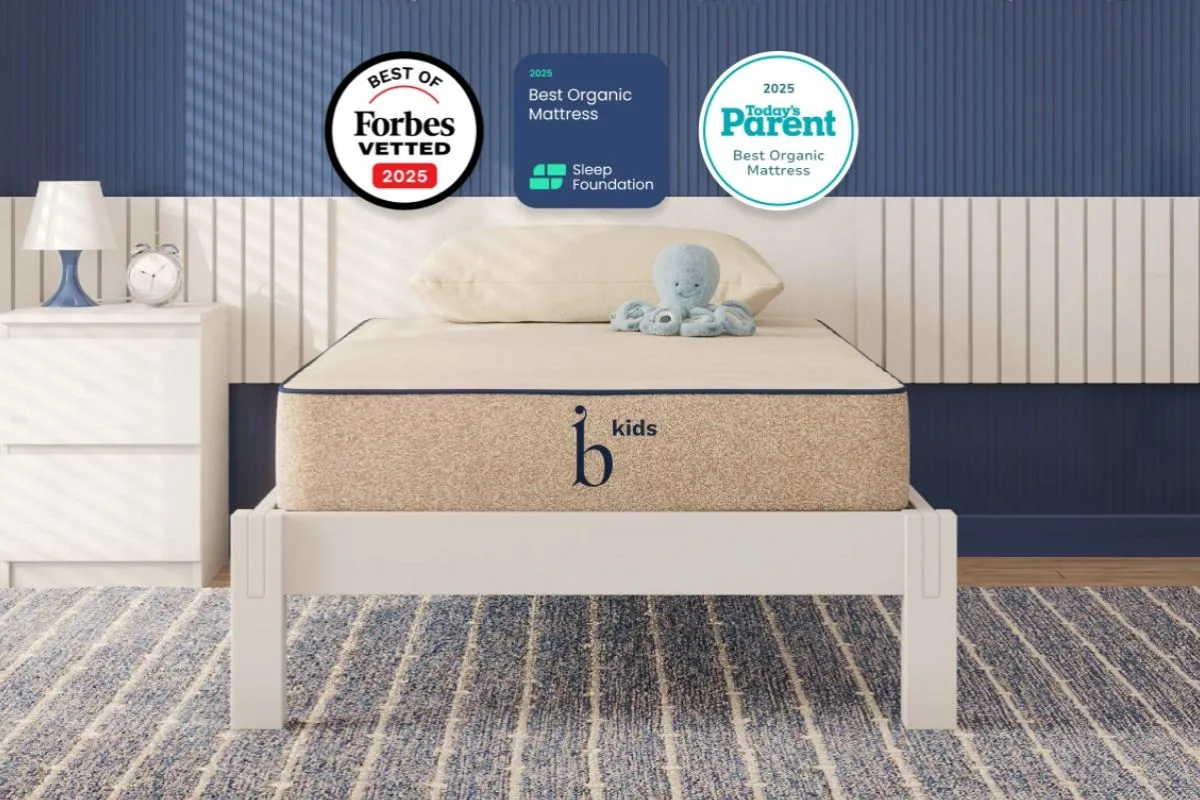 Birch Kids Natural Mattress featured with industry awards and certifications, emphasizing its reputation as a safe and trusted organic mattress for children.