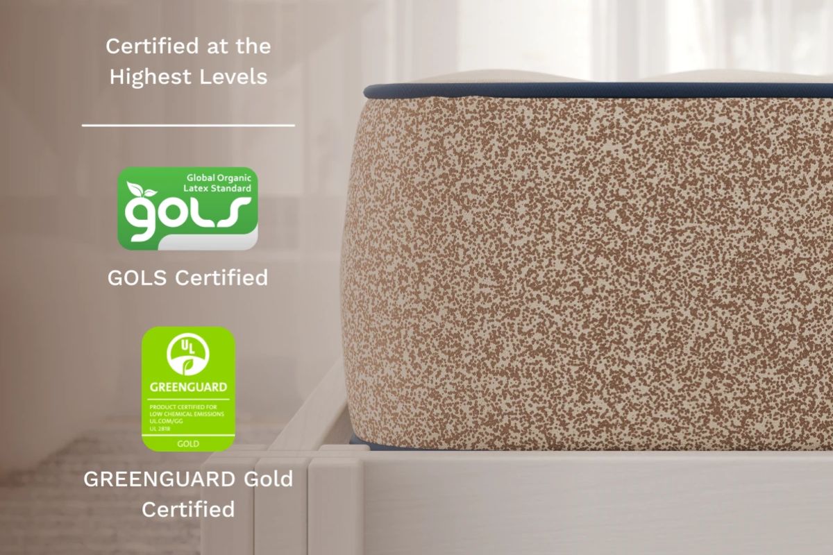 Birch Kids Natural Mattress displaying GOLS and GREENGUARD Gold certifications, highlighting the mattress's organic materials and low-emission safety standards.