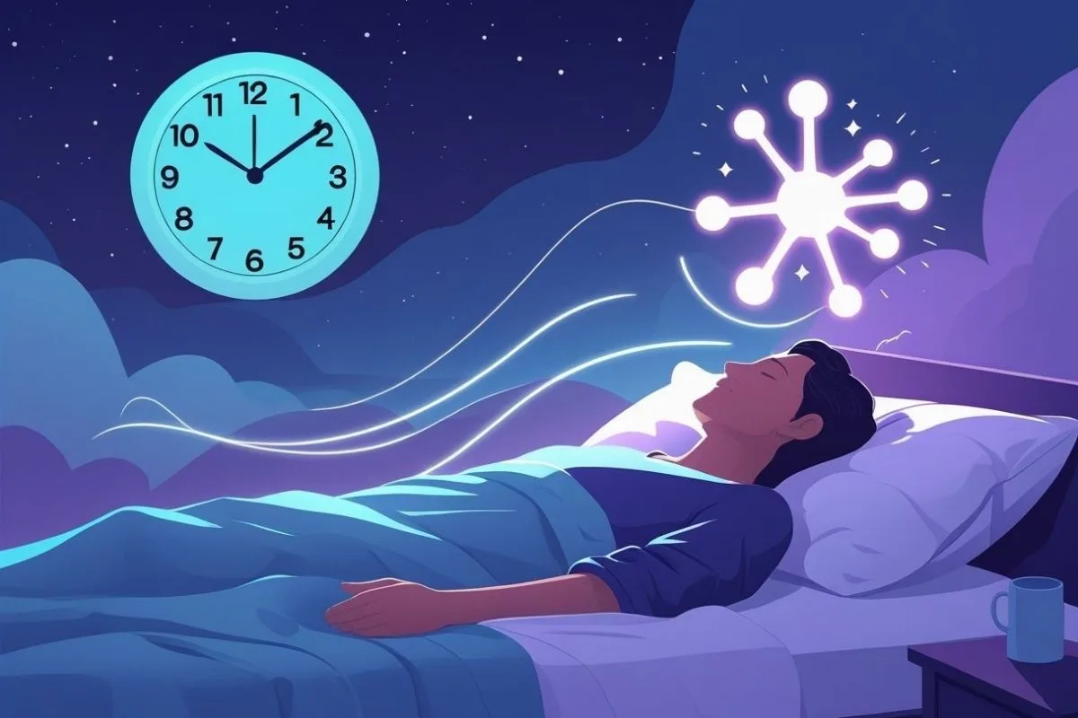 Cortisol and Sleep: Understanding the Stress Hormone’s Impact on Sleep Person sleeping peacefully while stress hormone activity is depicted above the bed, illustrating the relationship between cortisol regulation and restful sleep